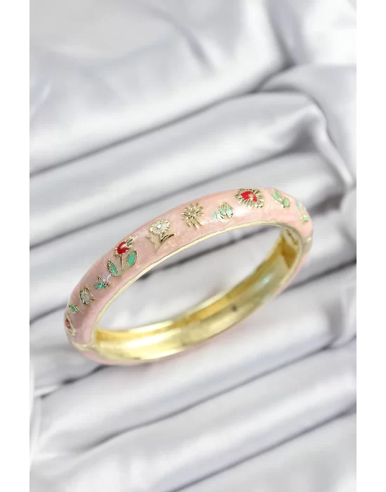 Mineli Pirinç Pembe Çiçek Motifli Gold Renk Kadın Kelepçe