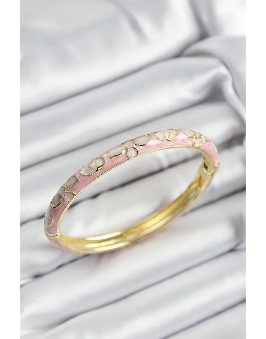 Mineli Pirinç Pembe Çiçek Motifli Gold Renk Kadın Kelepçe