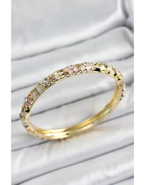 Mineli Pirinç Pembe Krem Çiçek Motifli Kadın Kelepçe