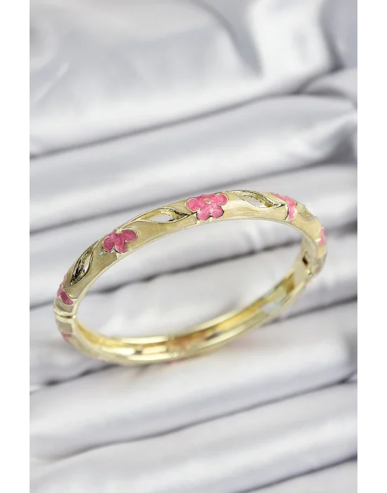 Mineli Pirinç Pembe Ve Hardal Çiçek Motifli Gold Renk Kadın Kelepçe