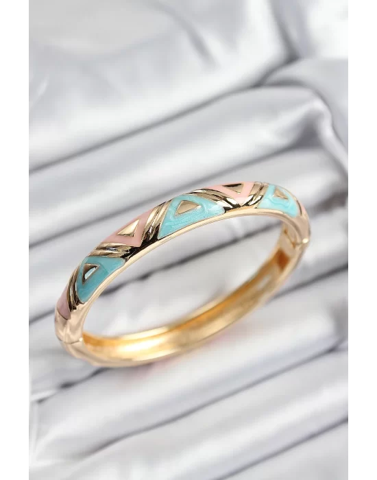 Mineli Pirinç Pembe Ve Mavi Üçgen Motifli Gold Renk Kadın Kelepçe
