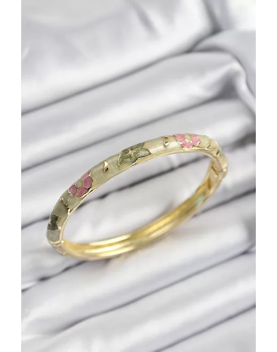 Mineli Pirinç Pembe Ve Yeşil Çiçek Motifli Gold Renk Kadın Kelepçe