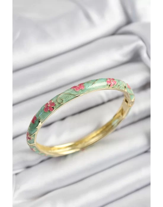 Mineli Pirinç Pembe Ve Yeşil Çiçek Motifli Gold Renk Kadın Kelepçe