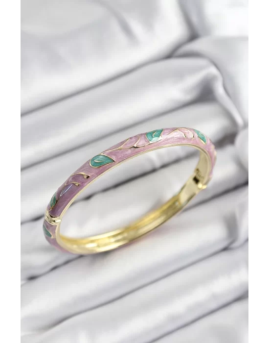Mineli Pirinç Pembe Ve Yeşil Yaprak Motifli Gold Renk Kadın Kelepçe