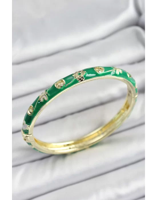 Mineli Pirinç Yeşil Renk Motif Desenli Kadın Kelepçe
