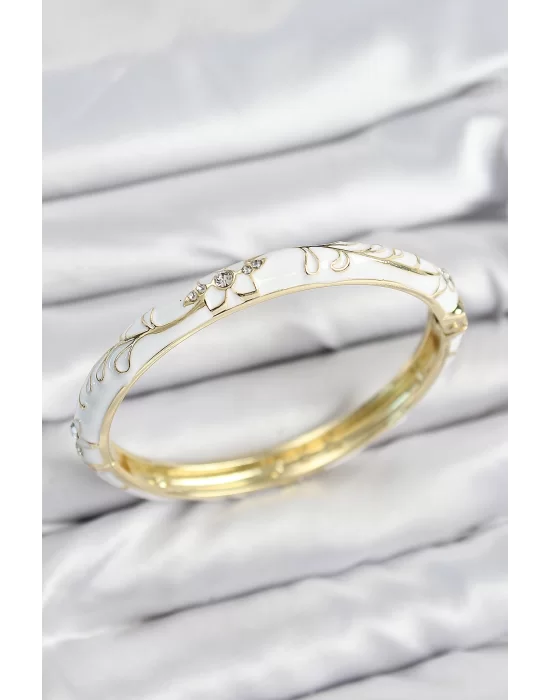 Mineli Pirinç Zirkon Taşlı Beyaz Çiçek Motifli Gold Kadın Kelepçe