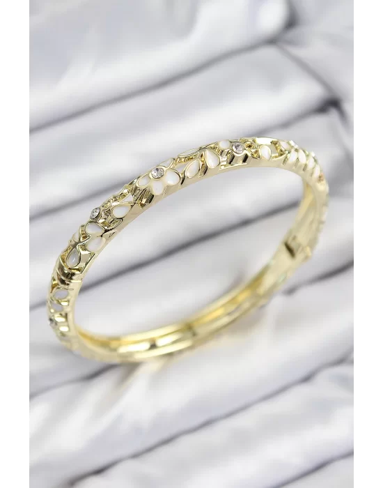 Mineli Pirinç Zirkon Taşlı Beyaz Çiçek Motifli Gold Kadın Kelepçe