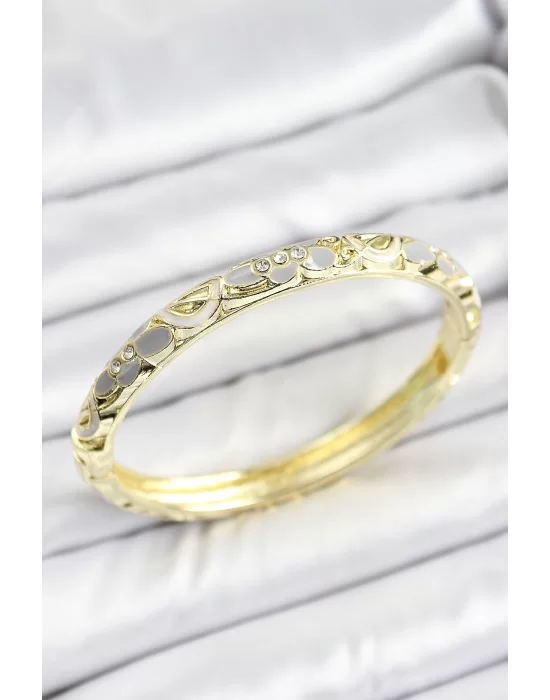 Mineli Pirinç Zirkon Taşlı Gri Çiçek Desenli Gold Renk Kadın Kelepçe