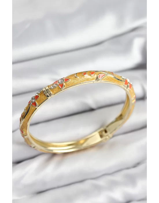 Mineli Pirinç Zirkon Taşlı Hardal Çiçek Motifli Gold Kadın Kelepçe