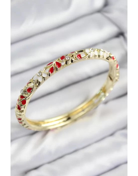 Mineli Pirinç Zirkon Taşlı Kırmızı Çiçek Motifli Gold Kadın Kelepçe