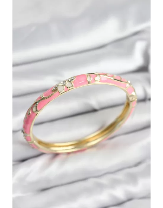 Mineli Pirinç Zirkon Taşlı Pembe Çiçek Motifli Gold Kadın Kelepçe