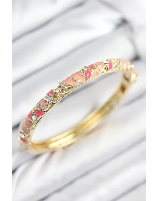 Mineli Pirinç Zirkon Taşlı Pembe Çiçek Motifli Gold Kadın Kelepçe