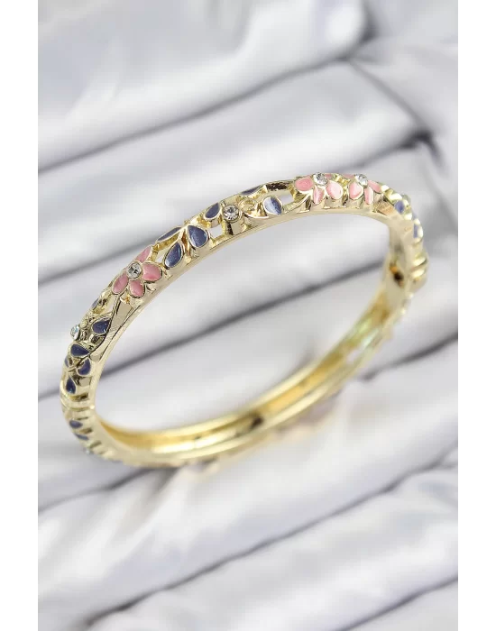 Mineli Pirinç Zirkon Taşlı Pembe Mor Çiçek Motifli Gold Kadın Kelepçe
