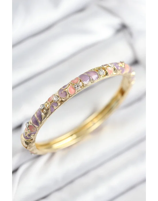 Mineli Pirinç Zirkon Taşlı Pembe Mor Çiçek Motifli Gold Kadın Kelepçe