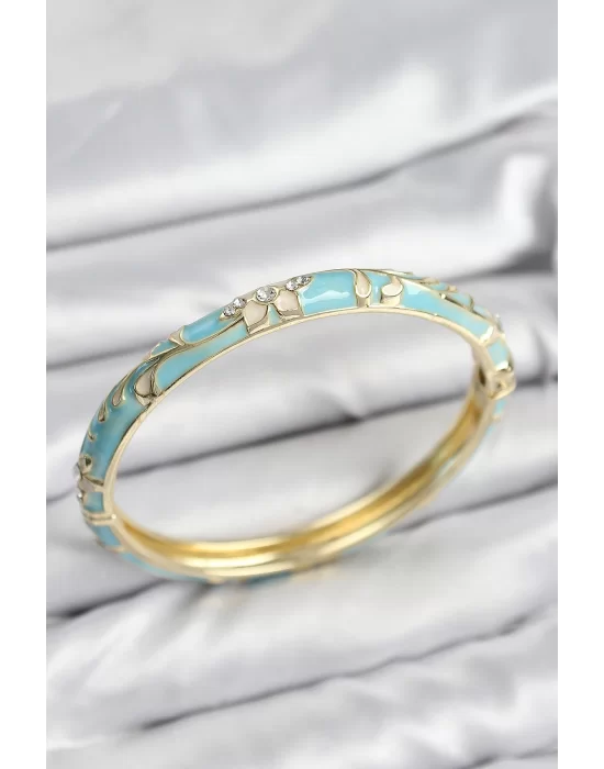 Mineli Pirinç Zirkon Taşlı Turkuaz Çiçek Motifli Gold Kadın Kelepçe