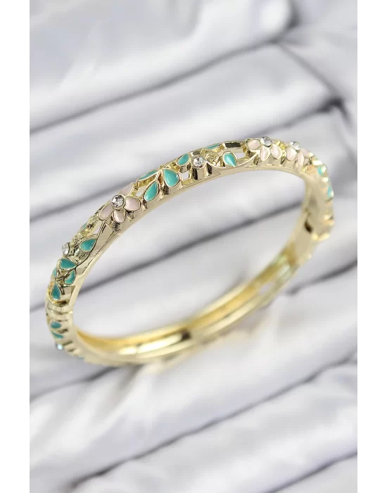 Mineli Pirinç Zirkon Taşlı Turkuaz Çiçek Motifli Gold Kadın Kelepçe