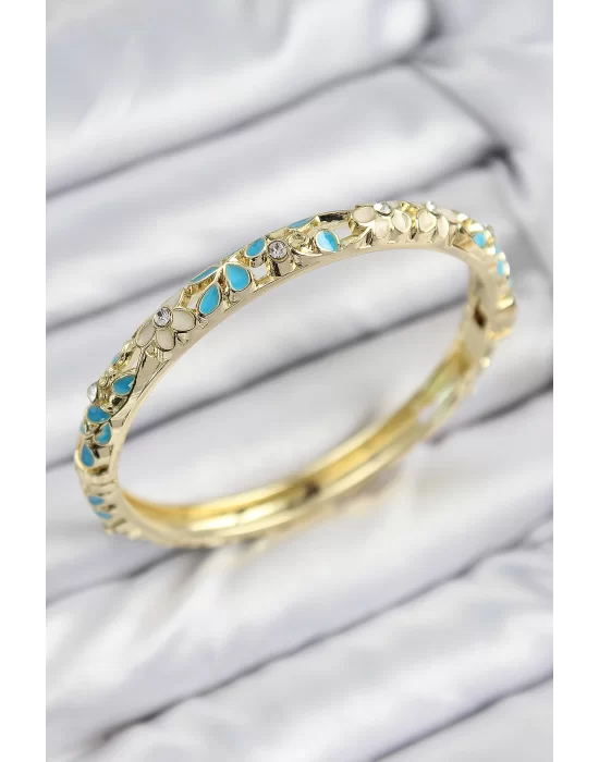 Mineli Pirinç Zirkon Taşlı Turkuaz Krem Çiçek Motifli Gold Kadın Kelepçe