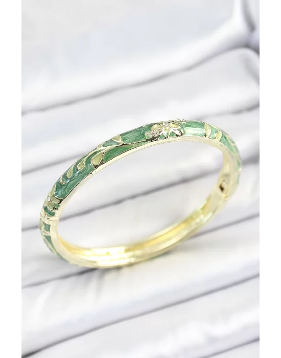 Mineli Pirinç Zirkon Taşlı Yeşil Çiçek Desenli Gold Renk Kadın Kelepçe