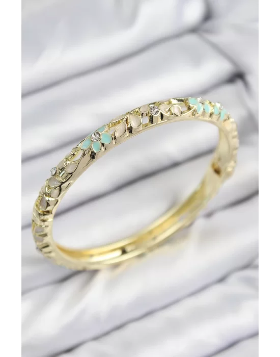 Mineli Pirinç Zirkon Taşlı Yeşil Krem Çiçek Motifli Gold Kadın Kelepçe