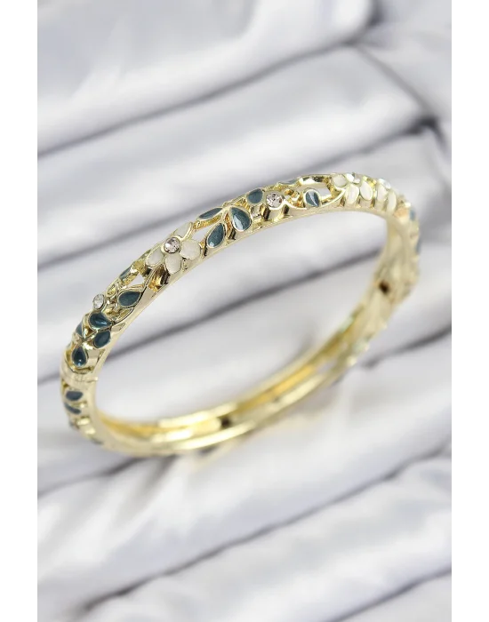 Mineli Pirinç Zirkon Taşlı Yeşil Krem Çiçek Motifli Gold Kadın Kelepçe