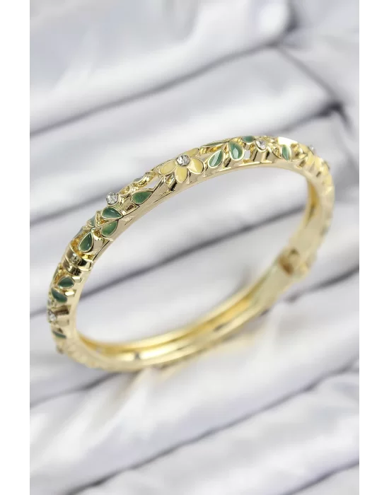 Mineli Pirinç Zirkon Taşlı Yeşil Sarı Çiçek Motifli Gold Kadın Kelepçe