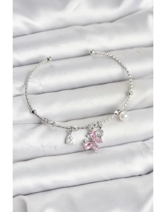 Pembe Kelebek Charmlı Gümüş Renk Kadın Bileklik