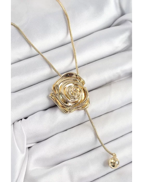 Pirinç Asansörlü Gül Model Gold Renk Kadın Kolye