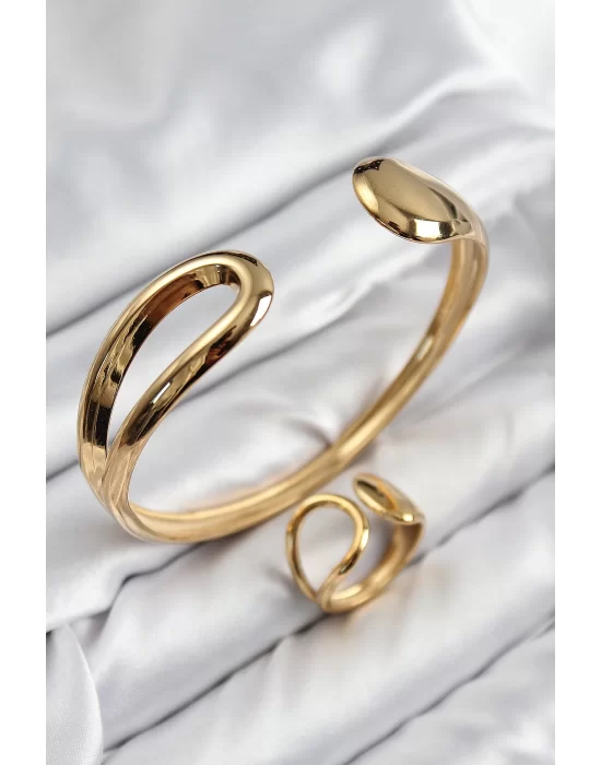 Pirinç Ayrık Model Gold Renk Bileklik Yüzük Set