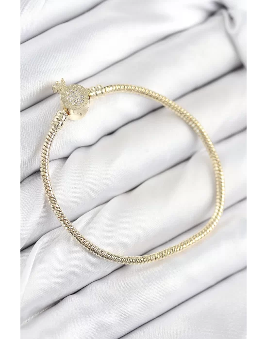 Pirinç Charm Zirkon Taşlı Taç Model Gold Renk Kadın Bileklik