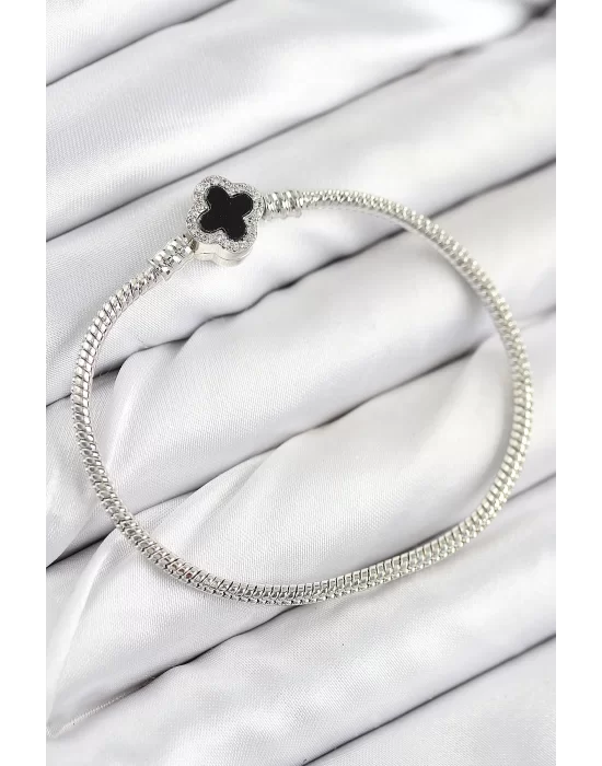Pirinç Charm Zirkon Taşlı Yonca Model Gümüş Renk Kadın Bileklik