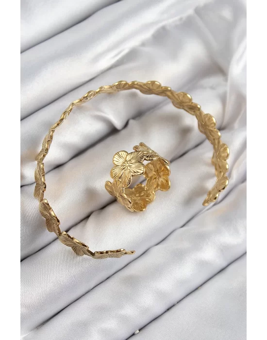 Pirinç Çiçek Model Gold Renk Bileklik Yüzük Set