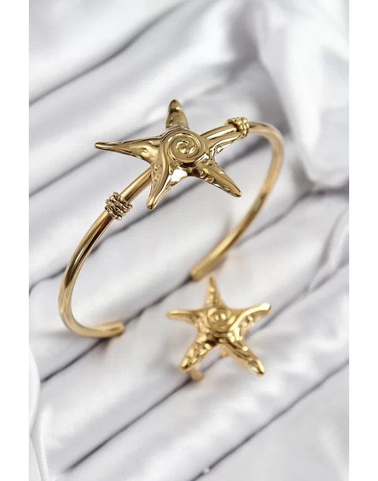 Pirinç Deniz Yıldızı Model Gold Renk Bileklik Yüzük Set