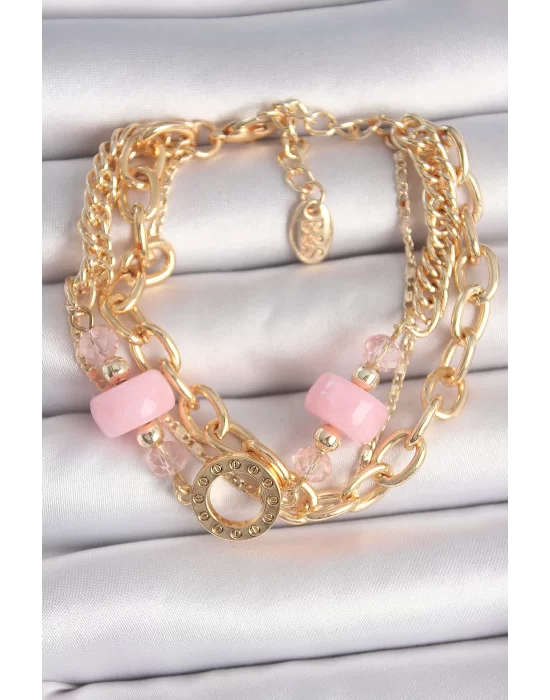 Pirinç Gold Renk Çoklu Pembe Taşlı Kadın Bileklik