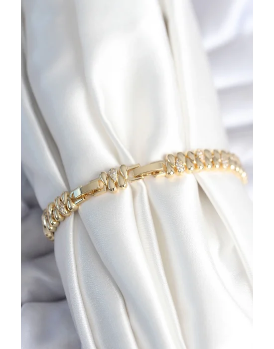 Pirinç Gold Renk Damla Model Zirkon Taşlı Kadın Bileklik