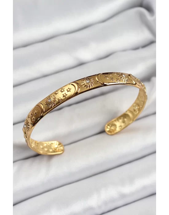 Pirinç Gold Renk İşlemeli Altı Açık Bileklik
