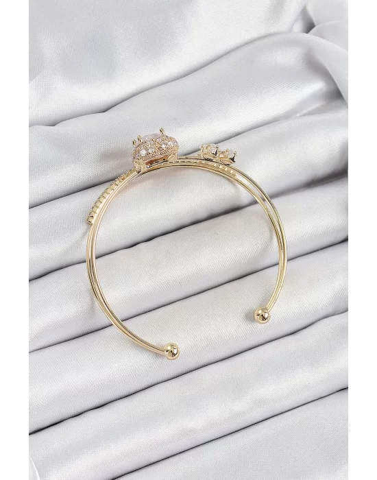 Pirinç Gold Renk Kalpli Zirkon Taşlı Kadın Bileklik