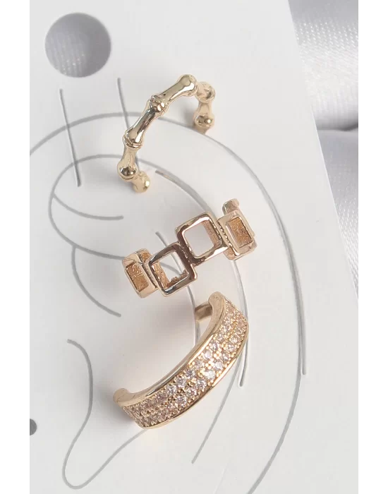 Pirinç Gold Renk Kare Model Zirkon Taşlı 3Lü Model Kadın Kıkırdak Küpe