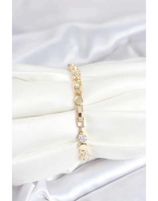 Pirinç Gold Renk Nokta Model Zirkon Taşlı Kadın Bileklik