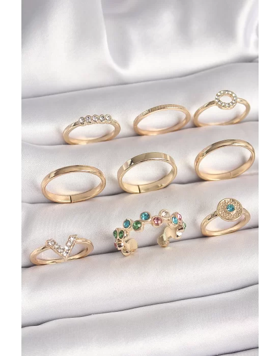 Pirinç Gold Renk Renkli Zirkon Taşlı Kadın Yüzük Kombini