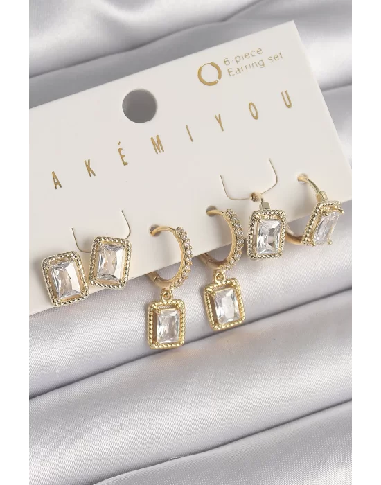 Pirinç Gold Renk Sallantı Kare Zirkon Taşlı VIP Seri Kadın Küpe Seti