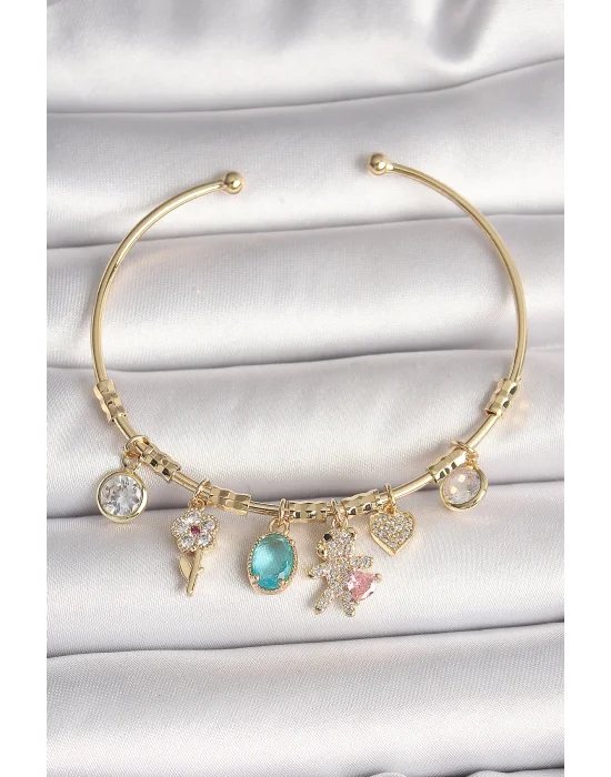 Pirinç Gold Renk Sallantı Zirkon Taşlı AYıcık Figür Kalp Detay Charm Kadın Bileklik