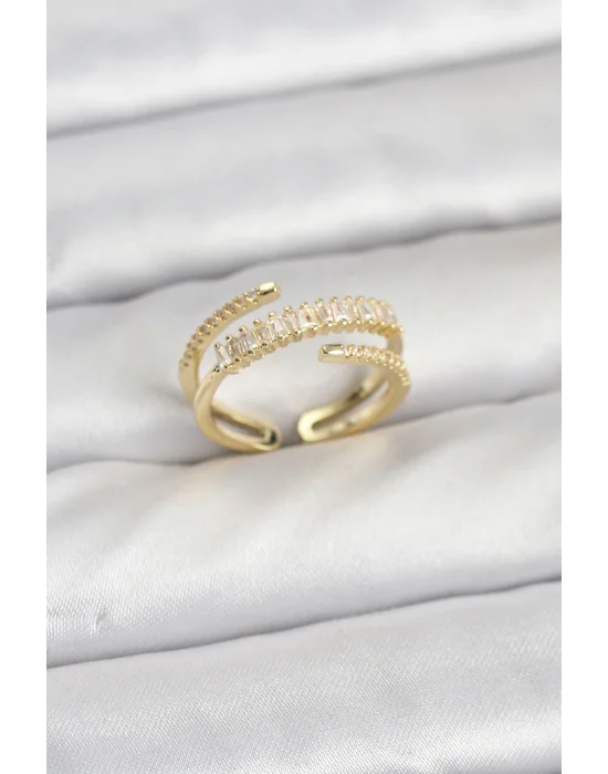 Pirinç Gold Renk Sıralı Baget Zirkon Taşlı Kadın Yüzük