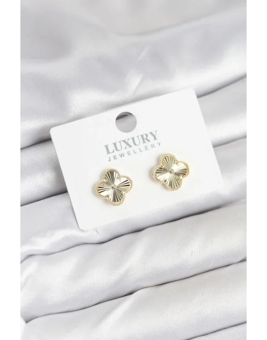 Pirinç Gold Renk Tekli Yonca Kadın Küpe