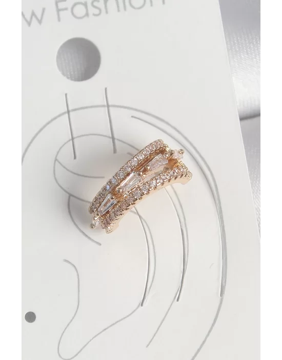 Pirinç Gold Renk Zirkon Taşlı 3Lü Sıralı Model Kadın Kıkırdak Küpe