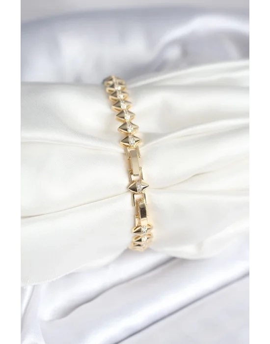 Pirinç Gold Renk Zirkon Taşlı Baklava Model Kadın Bileklik