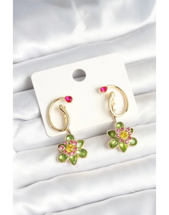 Pirinç Gold Renk Zirkon Taşlı Çiçek Model Kadın Küpe