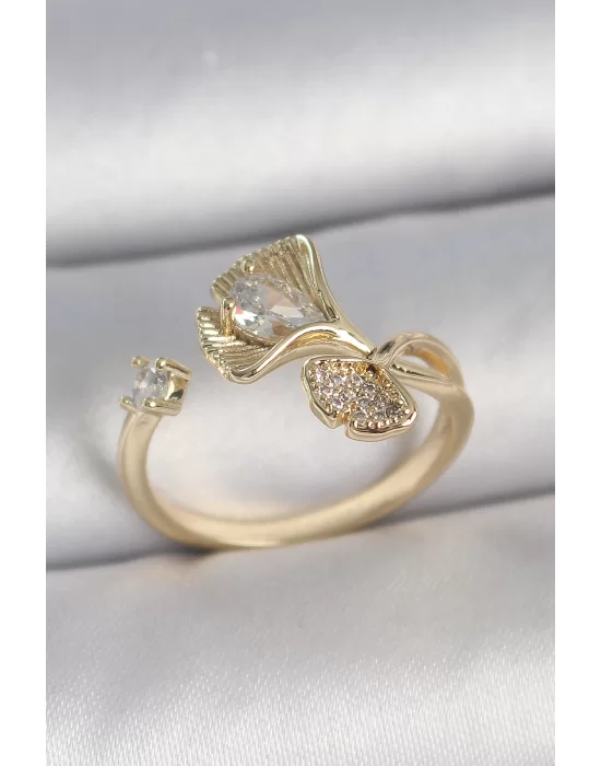 Pirinç Gold Renk Zirkon Taşlı Deniz Kabuğu Model Ayarlanabilir Kadın Yüzük