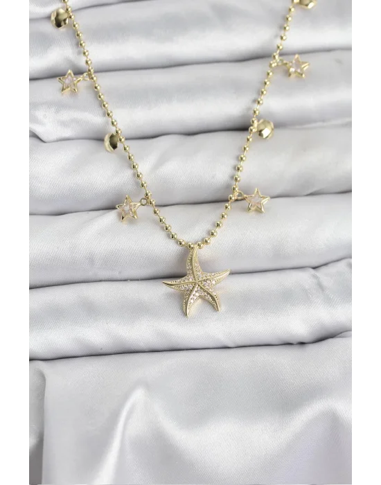 Pirinç Gold Renk Zirkon Taşlı Deniz Yıldızı Model Kadın Kolye