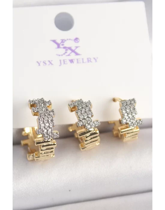 Pirinç Gold Renk Zirkon Taşlı Dorika Model 3Lü Kadın Kombin Küpe
