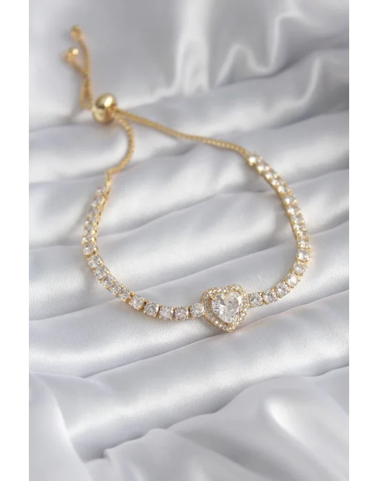 Pirinç Gold Renk Zirkon Taşlı Kalp Asansör Charm Model VIP Seri Kadın Bileklik
